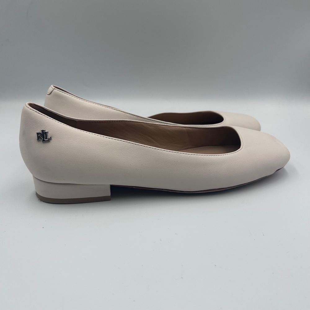 Lauren Ralph Lauren Womens 8.5B Cream Leather Square Toe Block Heel Ballet Flats
